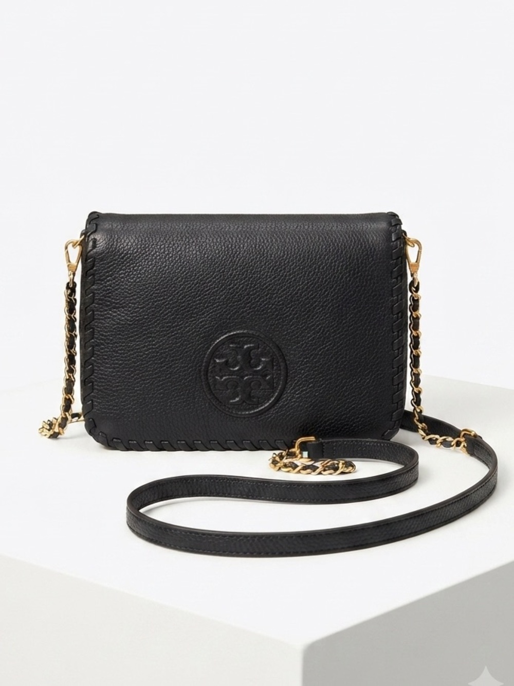 Tory Burch Black Leather Crossbody Bag with Braided Trim & Gold Chain